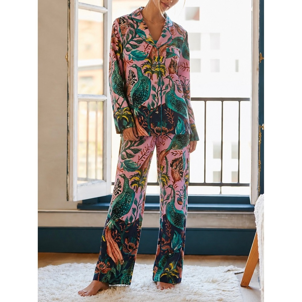 RAPHAEL BALME x ANTHROPOLOGIE Peacock Flannel Pajama Matching Set